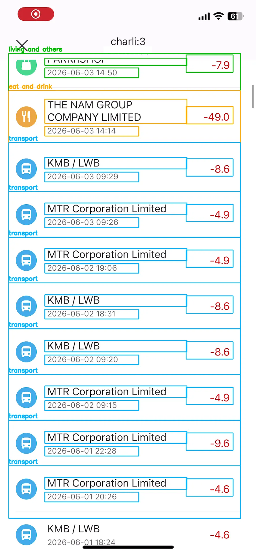 Annotated screenshot of Octopus App transactions page with bounding boxes for the payee, date, and amount, and app header clipping payee of first transaction.