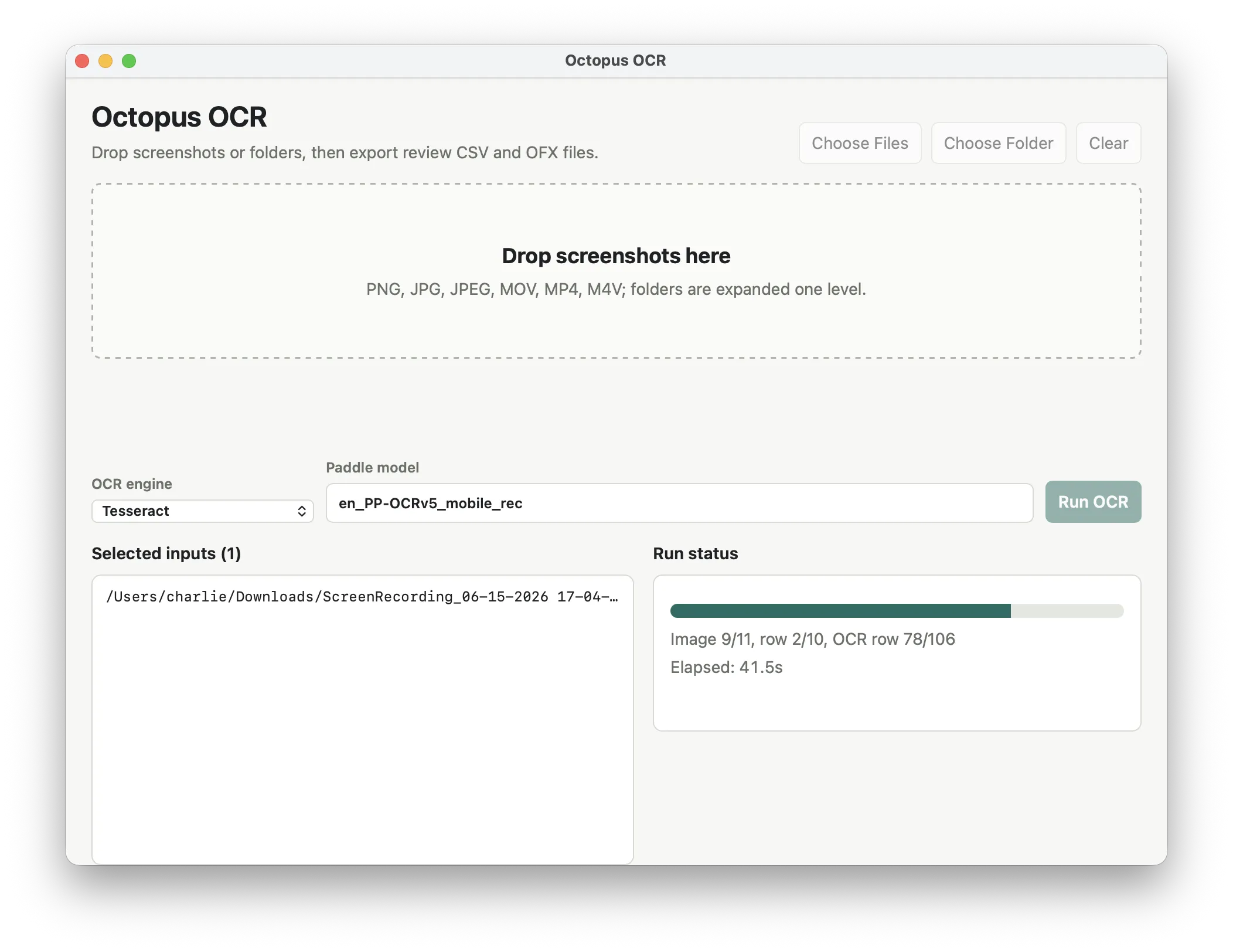 Octopus OCR GUI with drag-and-drop input and OCR settings.